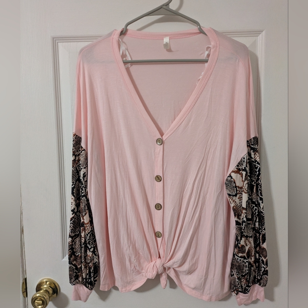 NEW Emerald Light Pink Blouse with Animal print Sleeves